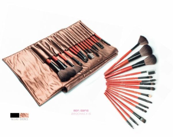 SET DE BROCHAS PARA MAQUILLAJE 15 PIEZAS PFIFFERY  INCLUYE MANGA NEGRA O DORADA